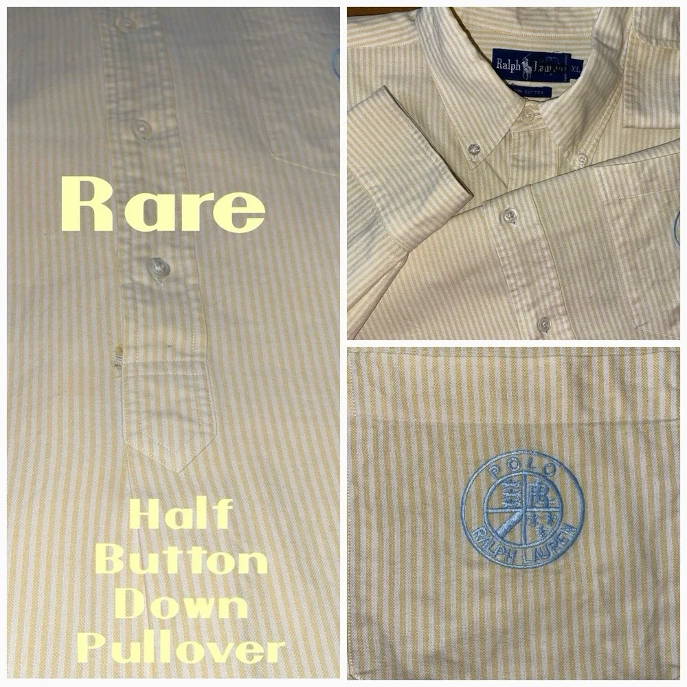 Polo Ralph Lauren‎ Shirt Men XL Yellow Stripes Half Button Down Pullover Vintage